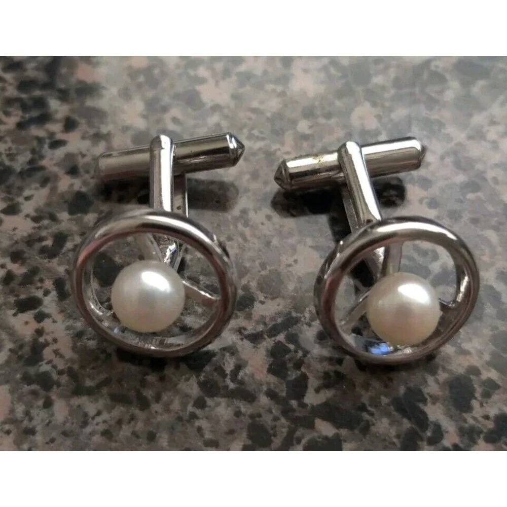 Signed Silver Cufflinks Faux Pearl Simple Elegant